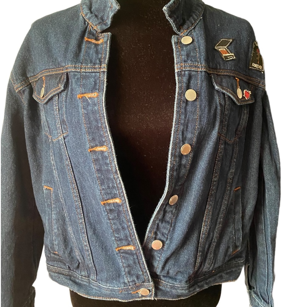KENDALL AND KYLIE DENIM PATCHWORK TRUCKER JACKET SZ L
